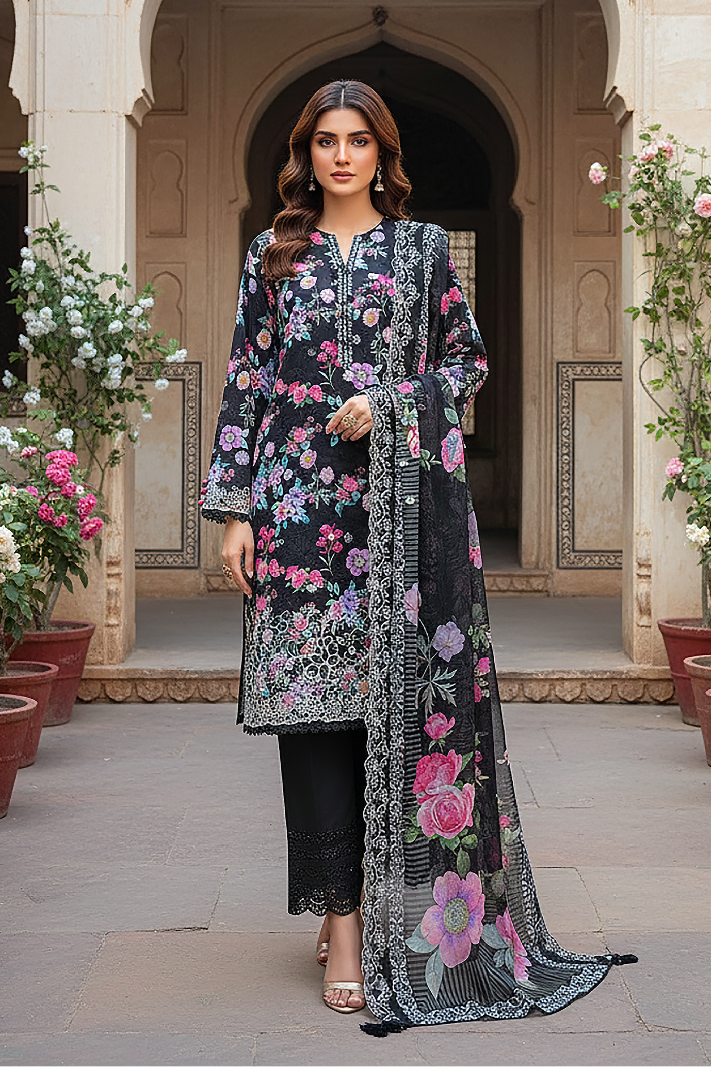 03 Piece Unstitched Embroidered with cutwork embroidered lawn dupatta - Design 25