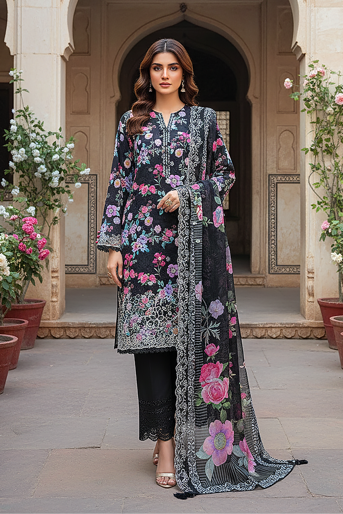 03 Piece Unstitched Embroidered with cutwork embroidered lawn dupatta - Design 25