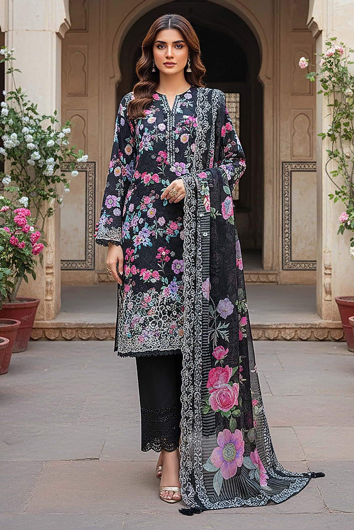 03 Piece Stitched Embroidered with cutwork embroidered lawn dupatta