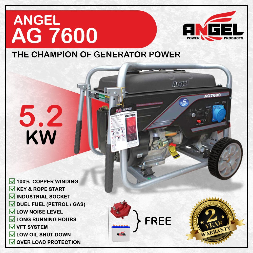 Angel Generator Euro5 AG7600 7.0 KVA 5600Watt (5.6 KW) Low Noice Alternator: 100% COPPER Volt Meter: DIGITAL  1 Year Brand Warranty