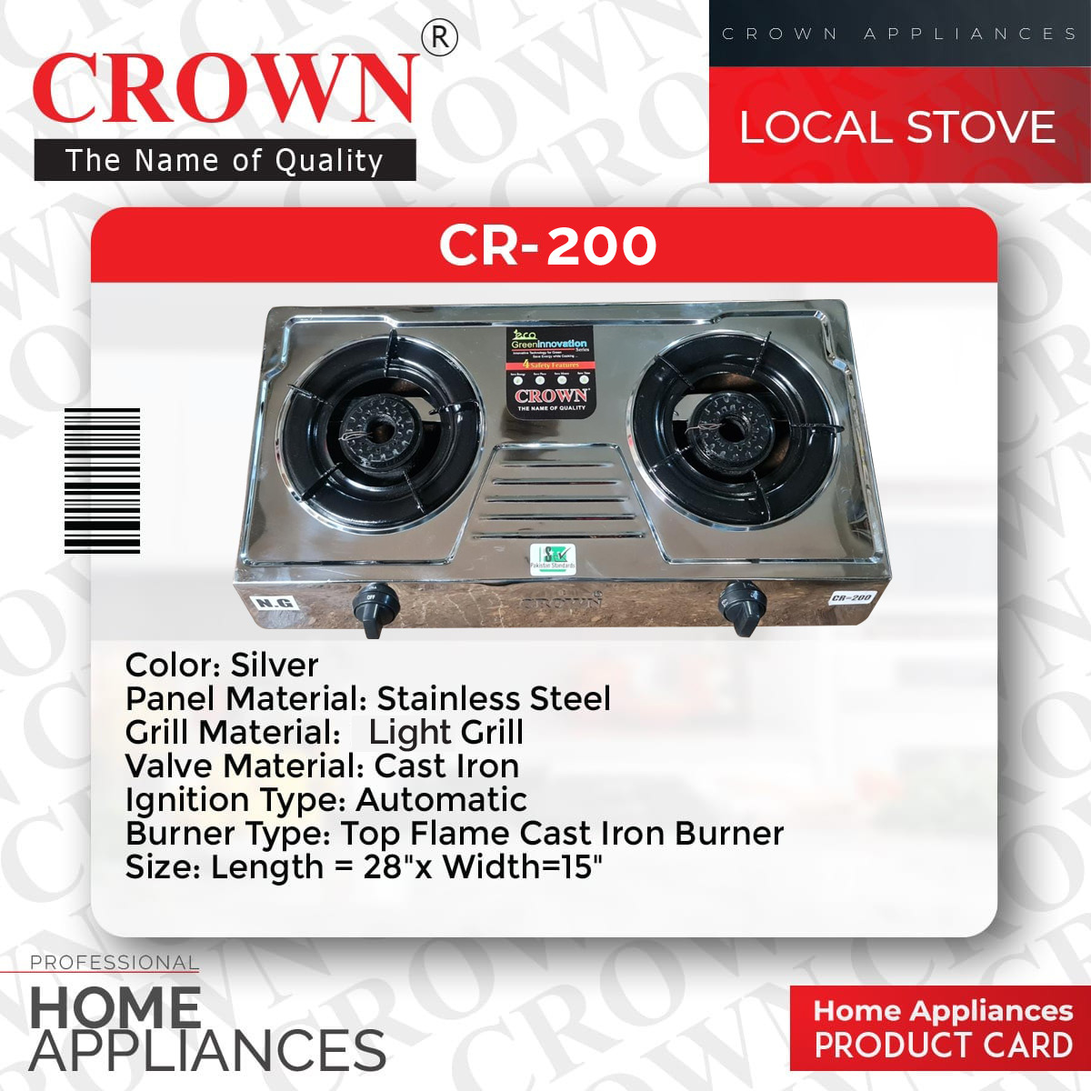 Crown LPG Stove CR 200 Table Top  Panel Material: Stainless Steel