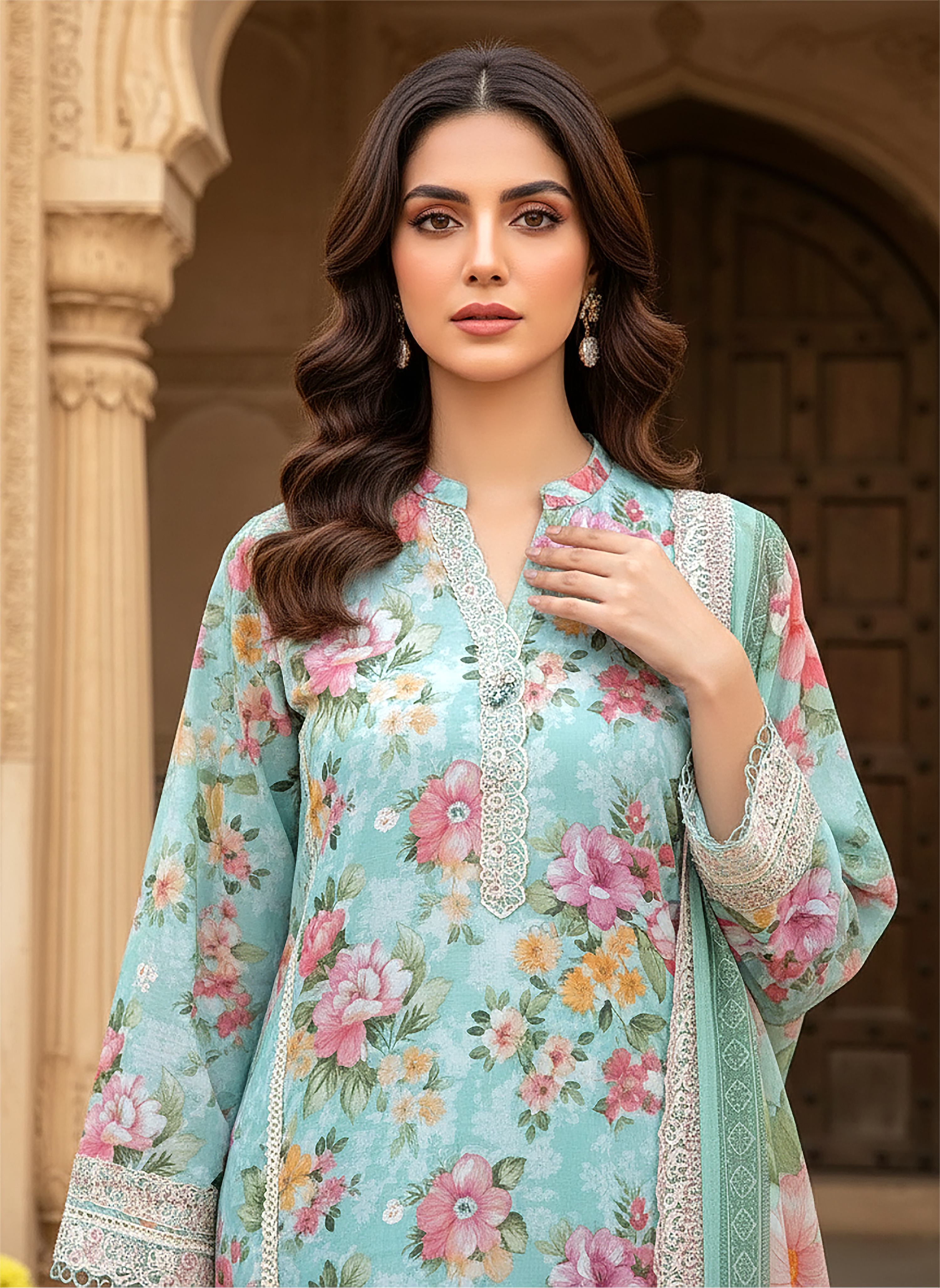 03 Piece Stitched Embroidered with cutwork embroidered chiffon dupatta