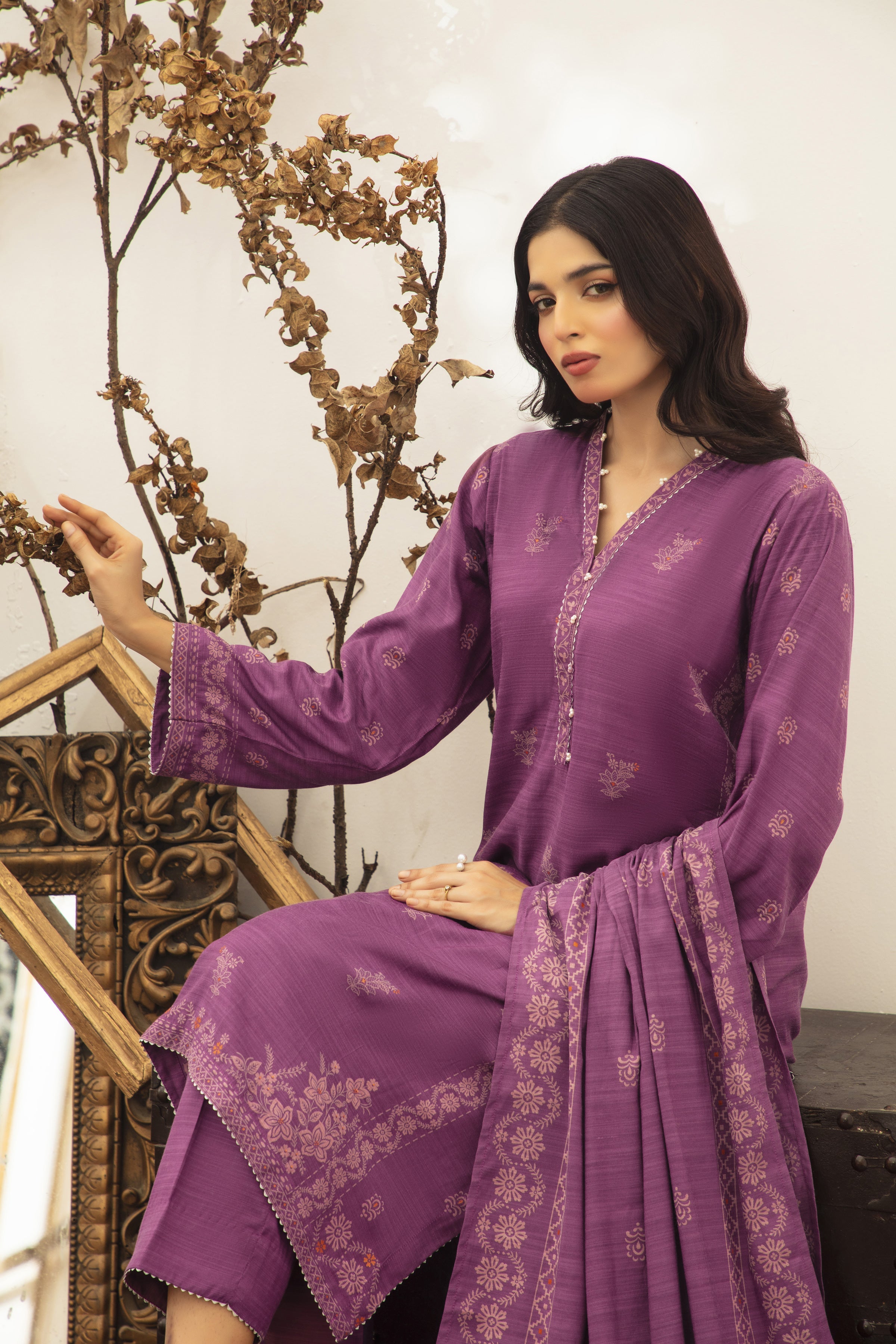 03 Piece Stitched Textured Pearl Printed Marina