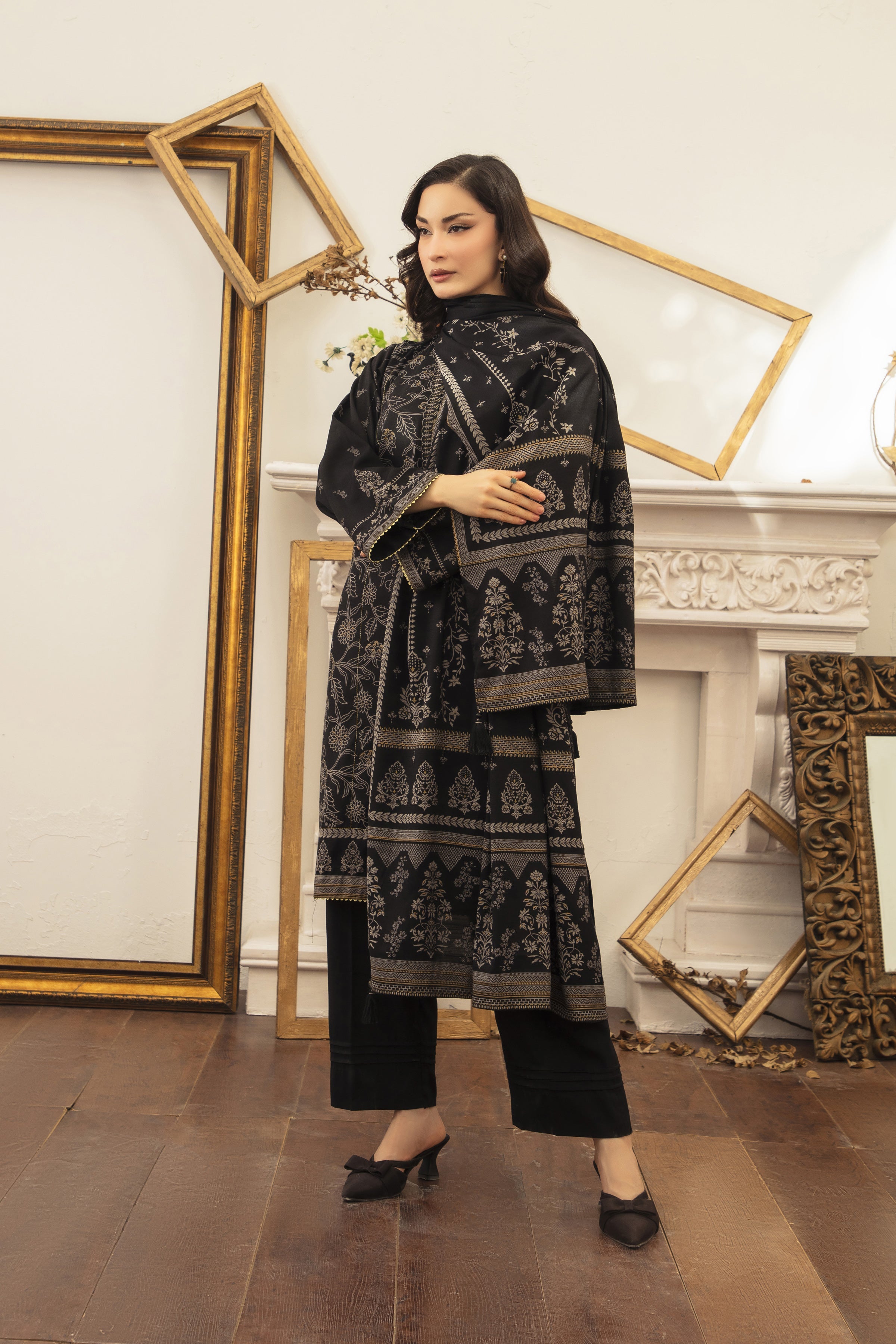 03 Piece Stitched Textured Pearl Printed Marina