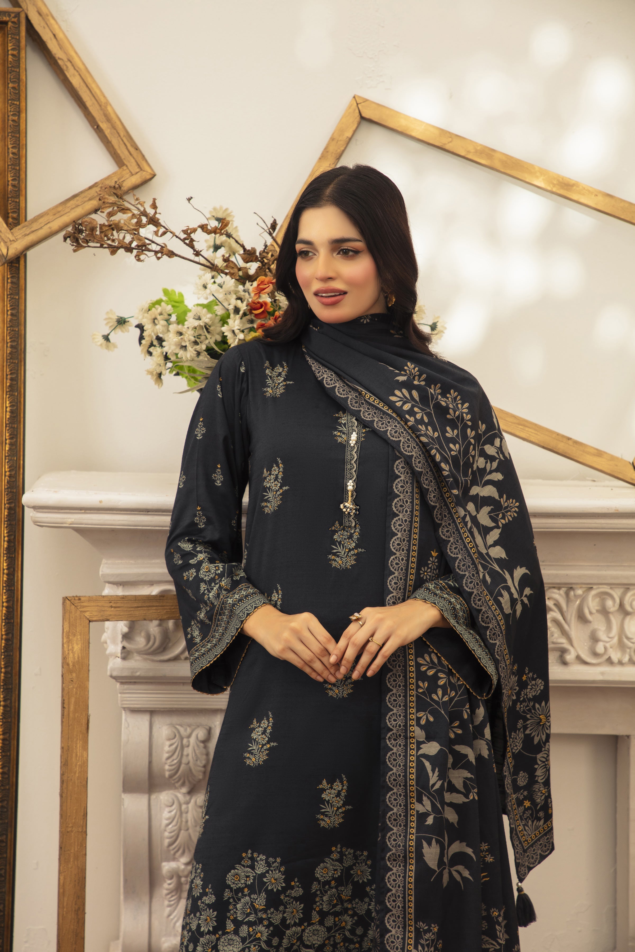 03 Piece Stitched Textured Pearl Printed Marina