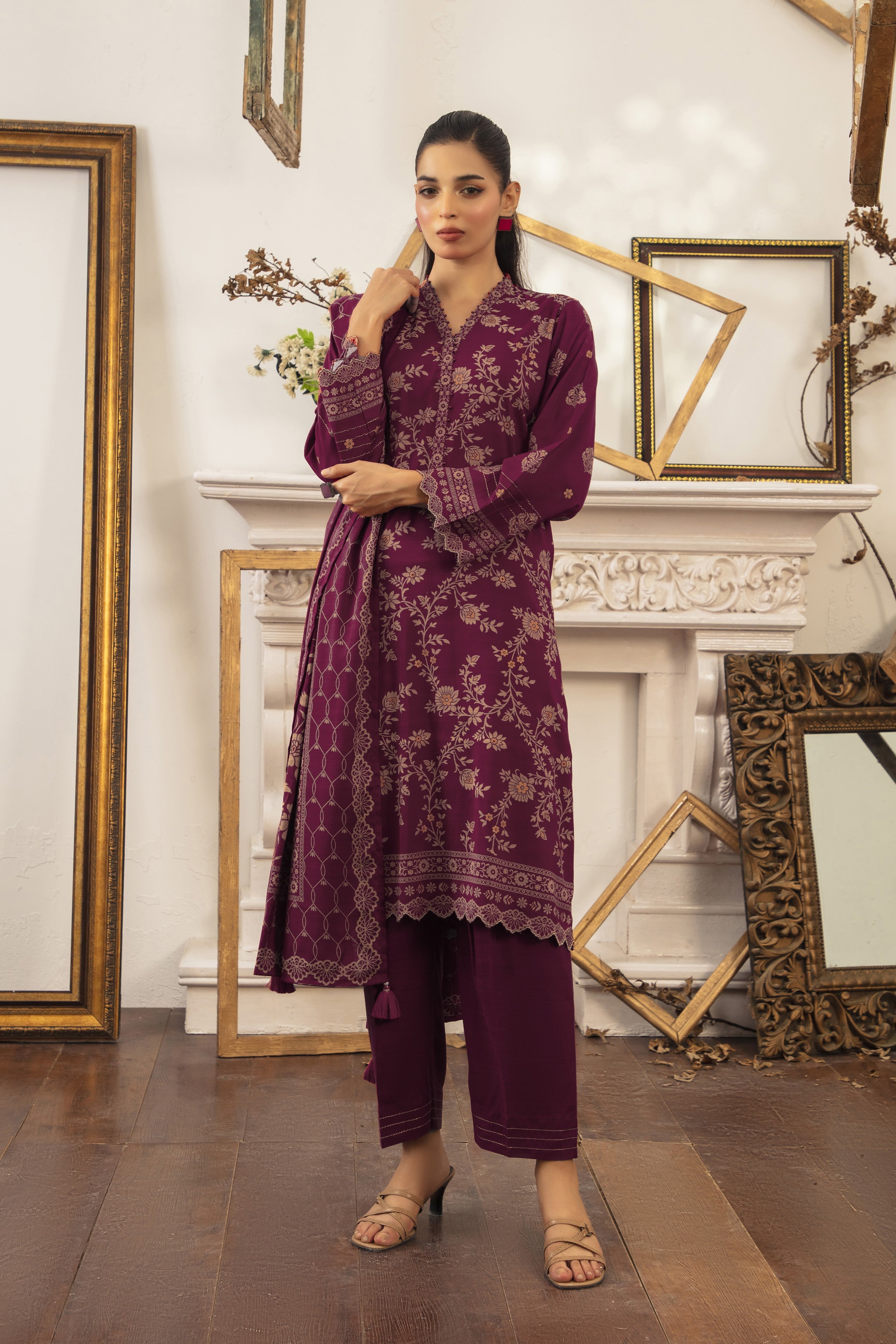 03 Piece Stitched Textured Pearl Printed Marina