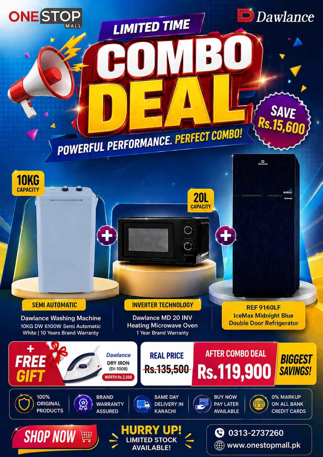 Dawlance Combo Deal – 10KG Semi Automatic Washing Machine + 20L Microwave Oven + REF 9160LF Double Door Refrigerator + FREE Dry Iron