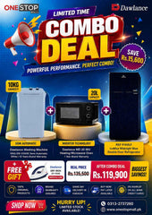 Dawlance Combo Deal – 10KG Semi Automatic Washing Machine + 20L Microwave Oven + REF 9160LF Double Door Refrigerator + FREE Dry Iron
