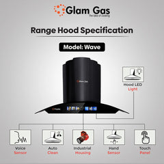 Glam Gas Kitchen Hood (Model-Wave) Size - 90cm 35 inche 3 Speed Motor Touch Panel Brand Warranty