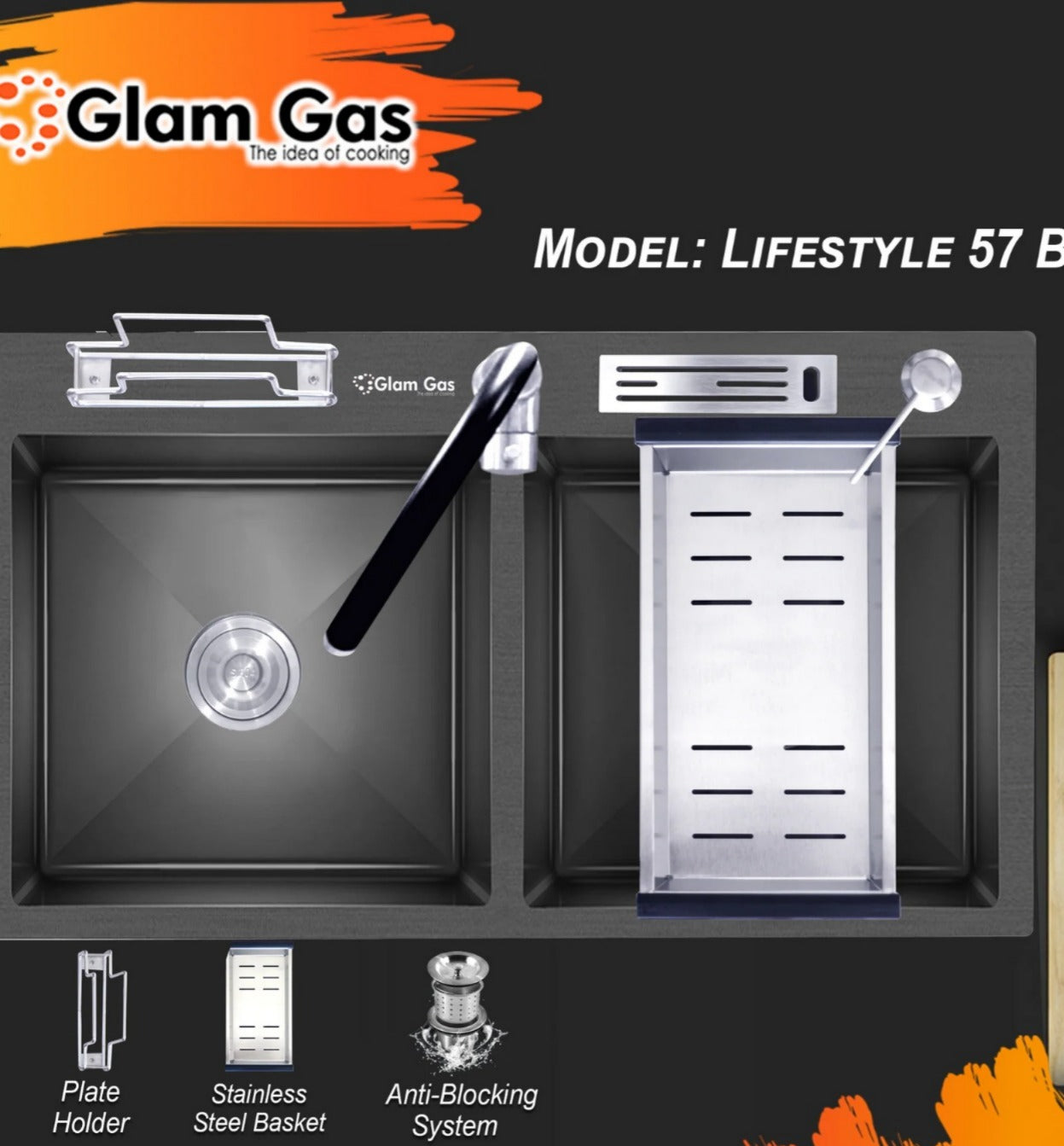 Glam Gas LIFE STYLE-57-BK Glam Gas Sink Stainless steel sink Kitchen Sink Double Kitchen Bowl Kitchen Basin Brand Warranty
