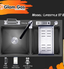 Glam Gas LIFE STYLE-57-BK Glam Gas Sink Stainless steel sink Kitchen Sink Double Kitchen Bowl Kitchen Basin Brand Warranty