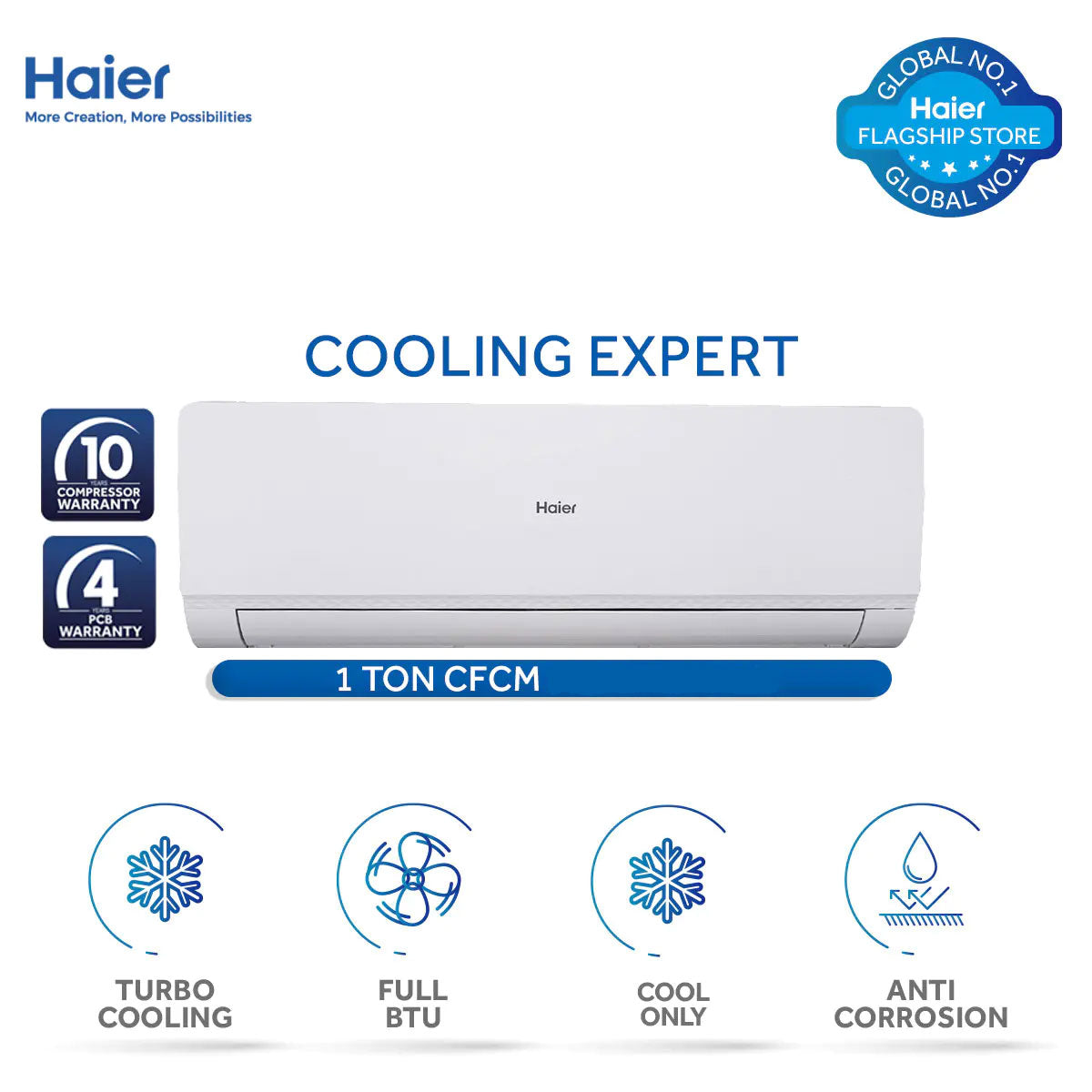 Haier (Turbo Cool Series) 1 Ton-Turbo Cooling - Wide Voltage- Full BTU-White Colour AC - HSU-12CFCM/10 Years Warranty