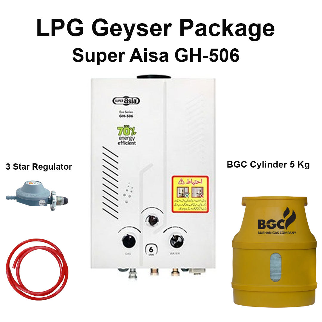 Package Super Asia Instant Geyser 06 Liter GH-506 White BGC Cylinder 5 Kg  3 Star Regulator and Gas Pipe