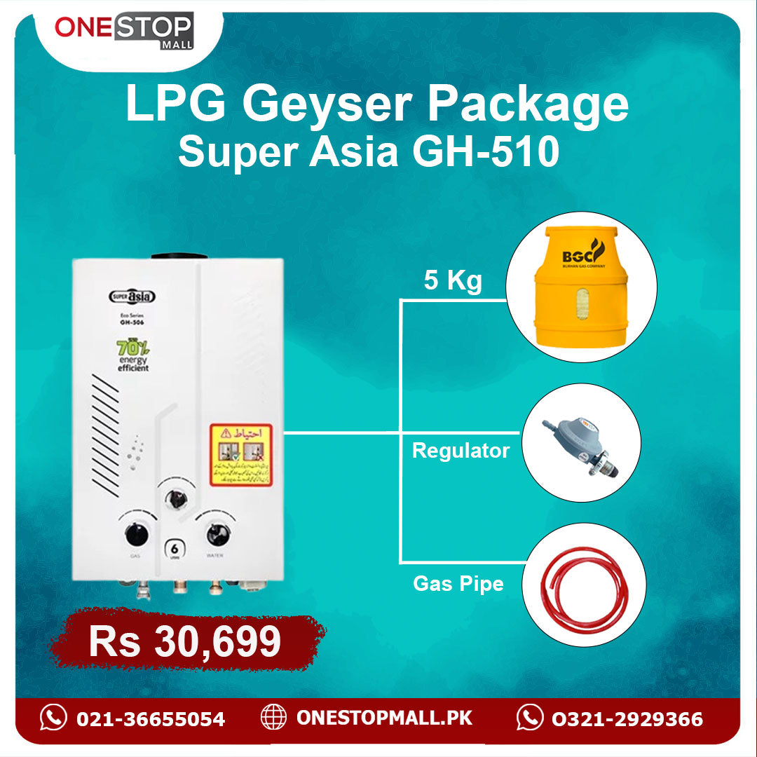 Package Super Asia Instant Geyser 10 Liter GH-510 White BGC Cylinder 5 Kg  3 Star Regulator and Gas Pipe