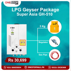 Package Super Asia Instant Geyser 10 Liter GH-510 White BGC Cylinder 5 Kg  3 Star Regulator and Gas Pipe