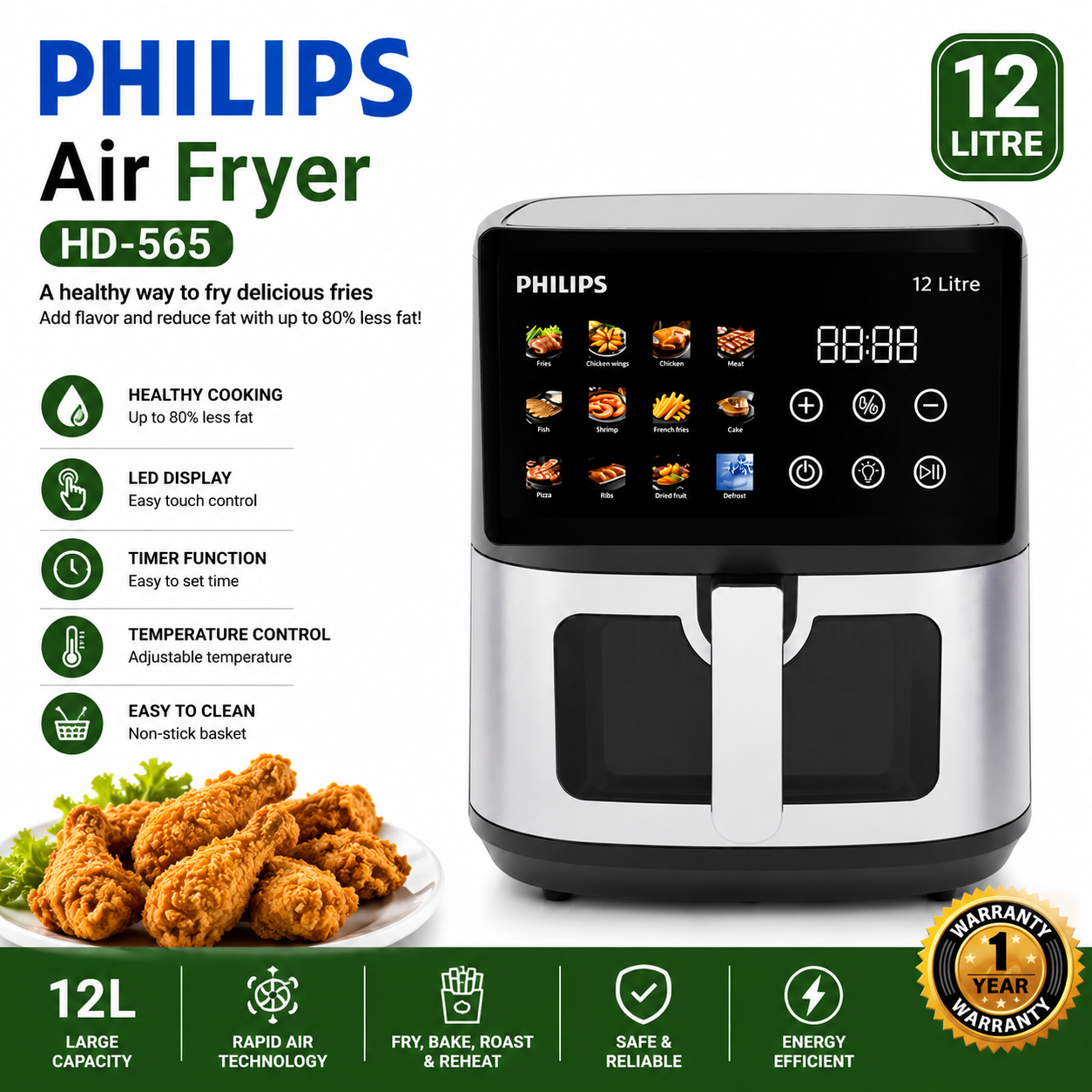 Philips 1st Copy HD-565 Digital Air Fryer 12L | LED Display | Healthy Oil-Free Cooking
