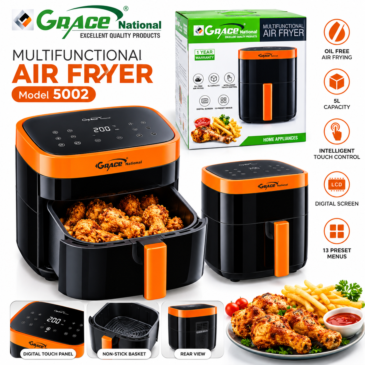 Grace National Air Fryer Model 5002 – 5L Multifunctional Digital Air Fryer Brand Warranty