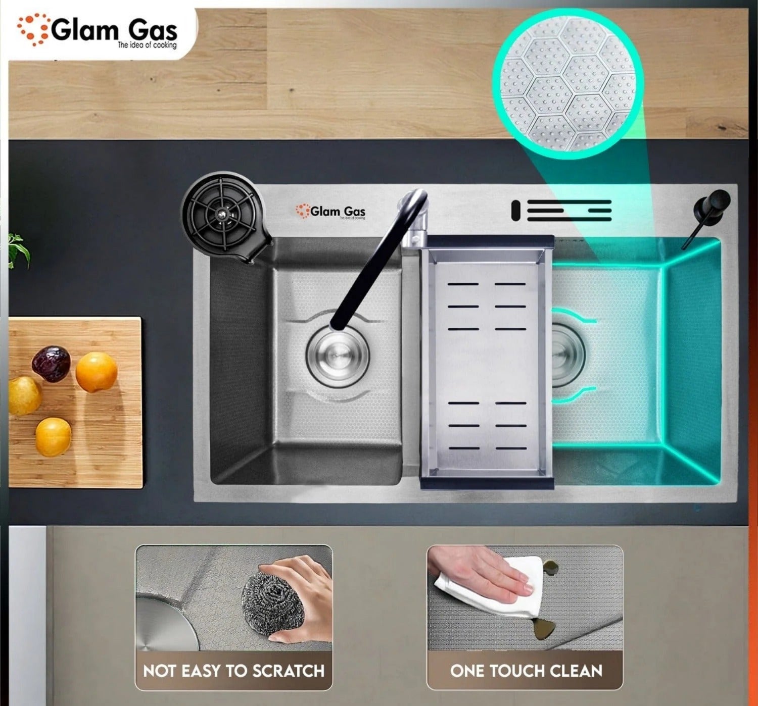 Glam Gas LIFE STYLE-57-BOX (Texture) kitchen Sink Glass Washer S.S Basket Brand Warranty