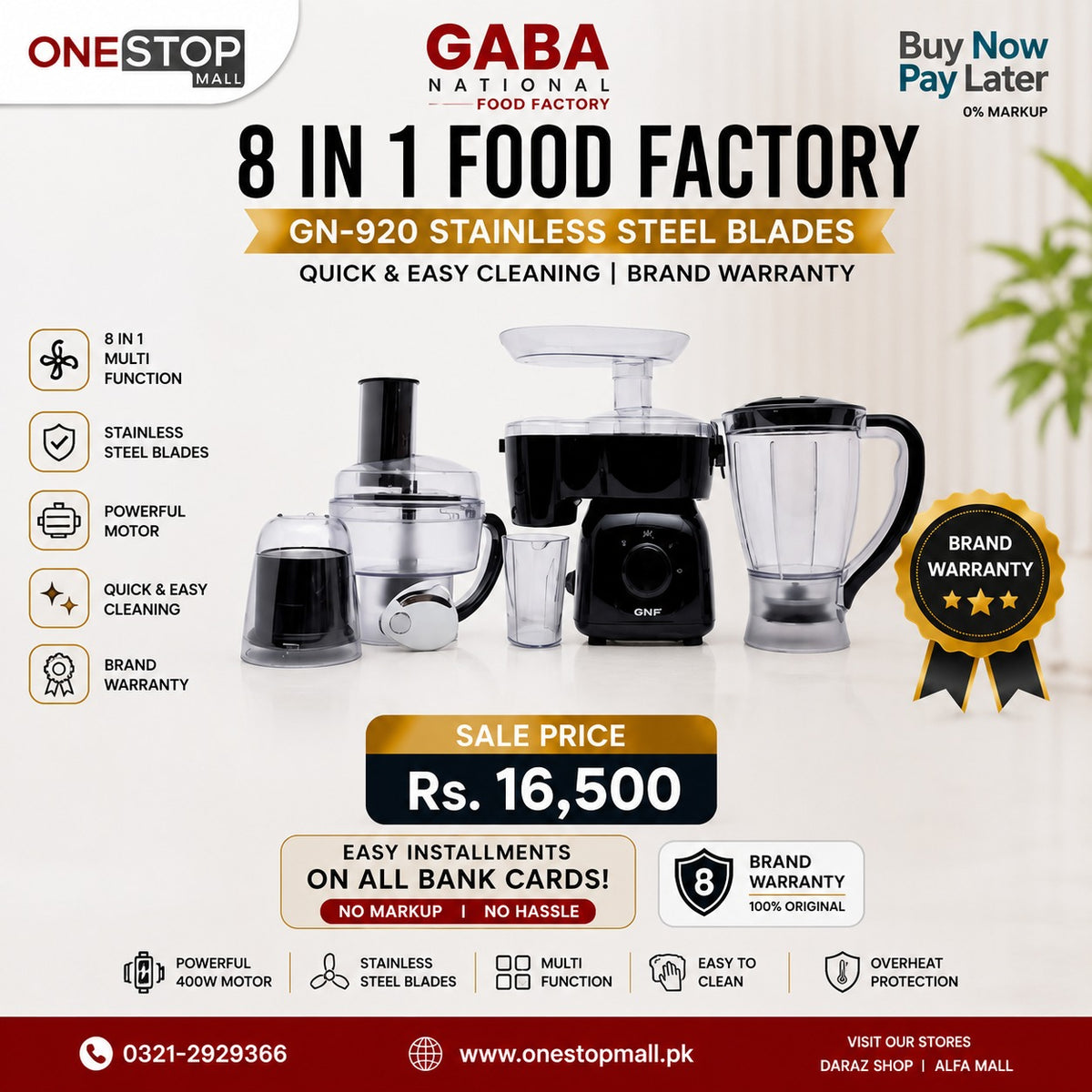 Gaba National Food Factory GN-920 8 in 1 ( Black) Stainless Steel Blades Quick & Easy Cleaning Brand Warranty