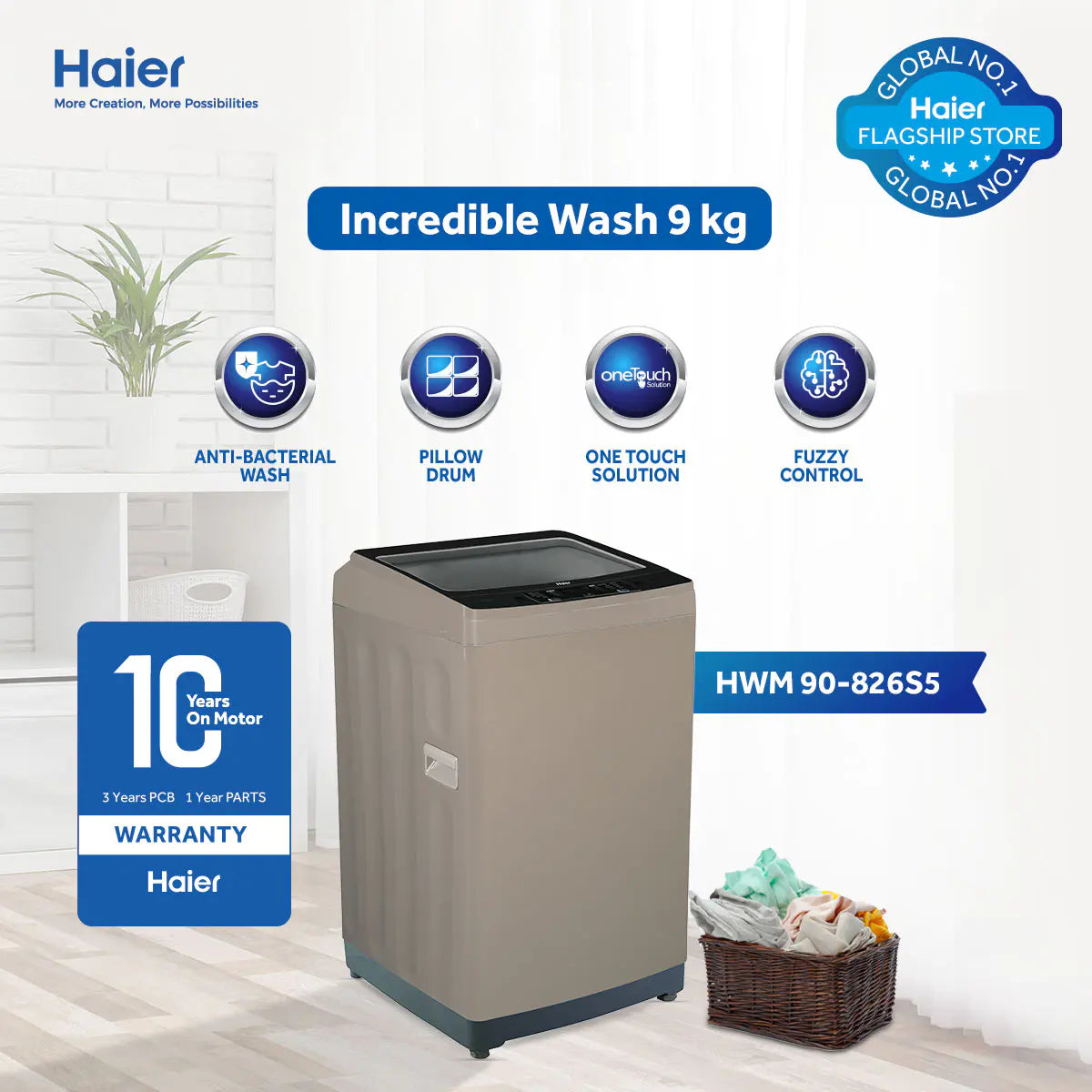 Haier 9kg-HWM 90-826-Fully Automatic-Top Load Washing Machine-Incredible Wash-10 Years Brand Warranty