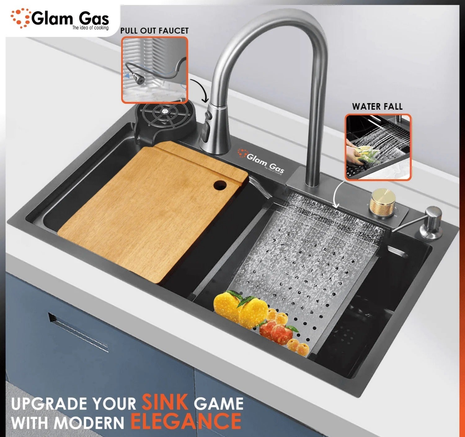 Glam Gas Life Style 11-12 (Texture) Water Fall Waste Pipe Kit S.S Basket 1 Year Brand Warranty