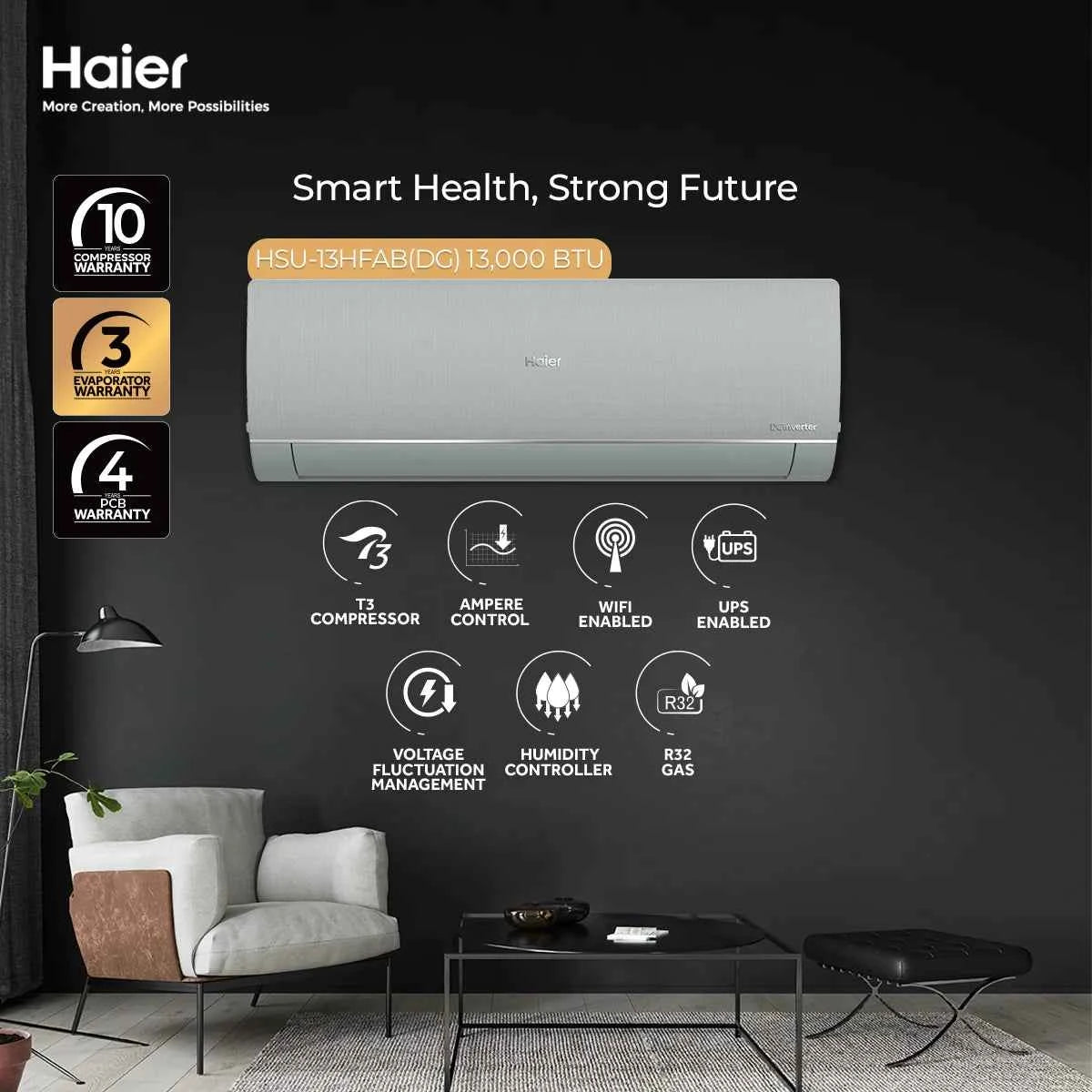 Haier 1 Ton HSU-13HFAB Air Conditioner T3 Series Heat and Cool (GREY) DC Inverter 10 Years Warranty