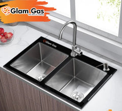 Glam Gas LIFE STYLE-12-GLASS kitchen Sink Double Bowl Hand Made Stainless Steel W/Glass Brand Warranty