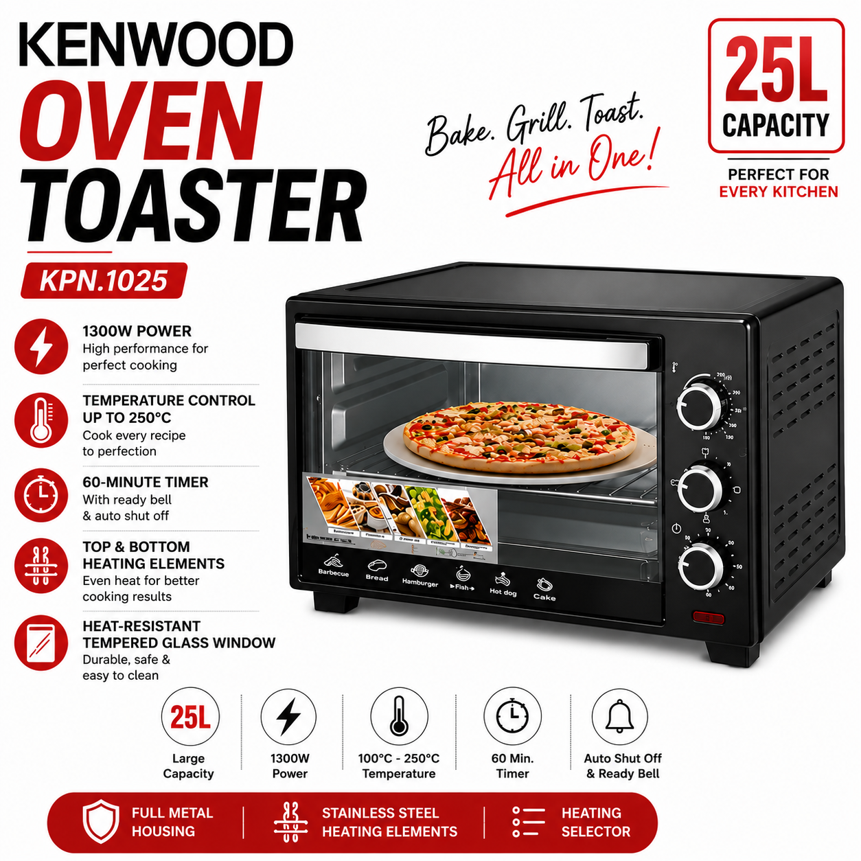 Kenwood KPN.1025 Oven Toaster 25L 1300W – Powerful Baking, Grilling & Toasting