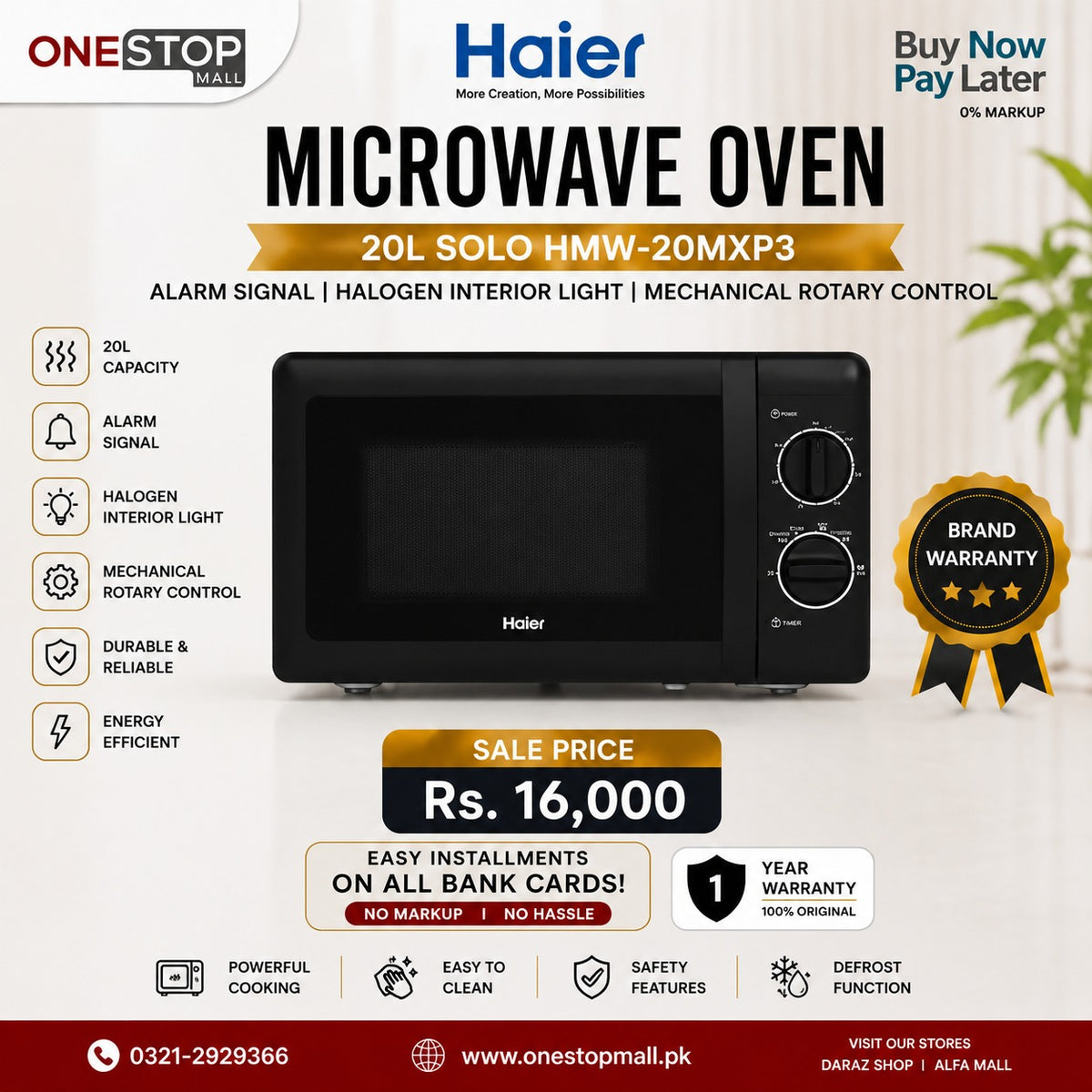 Haier Microwave Oven 20L Solo HMW-20MXP3 Alarm Signal Halogen Interior Light Mechanical Rotary Control Brand Warranty