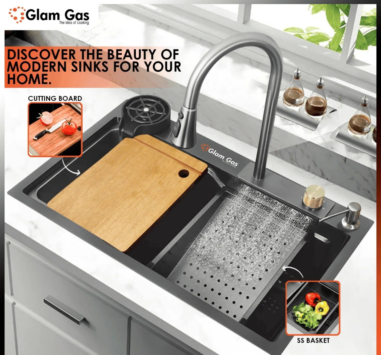 Glam Gas Life Style 11-12 (Texture) Water Fall Waste Pipe Kit S.S Basket 1 Year Brand Warranty