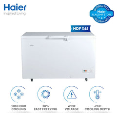 Haier Deep Freezer 13 Cu Ft/Turbo Cool/Single Door/HDF-345 SD (100 Hour Cooling Retention/ 30% Fast Freezing/ Wide Voltage/ -28 c Cooling Depth / Ref & DF Adjustable ) White Colour Deep Freezer/10 Years Warranty