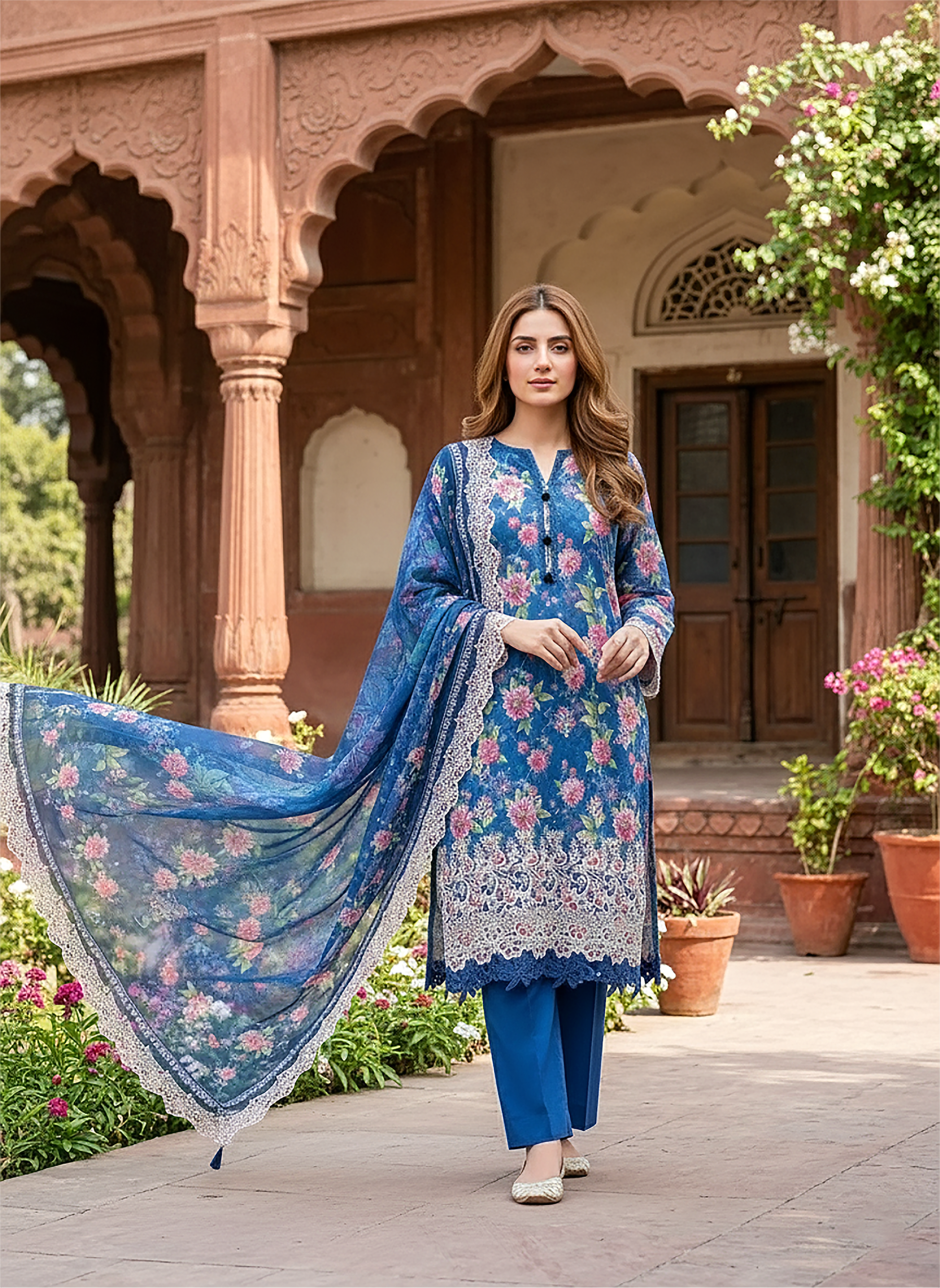 03 Piece Stitched Embroidered with cutwork embroidered chiffon dupatta