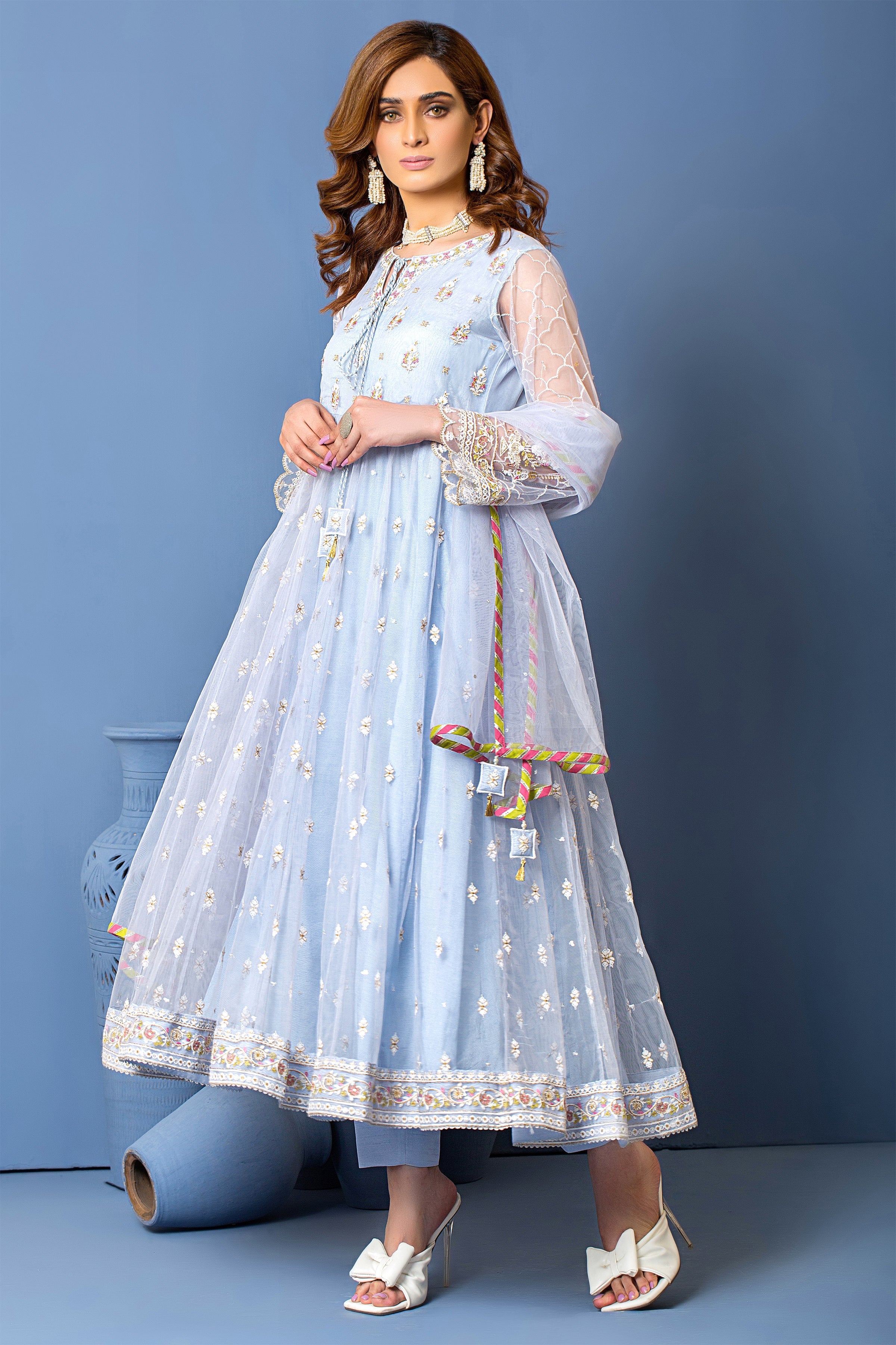 03 Piece Ready to wear  Embroidered Net Fabric
