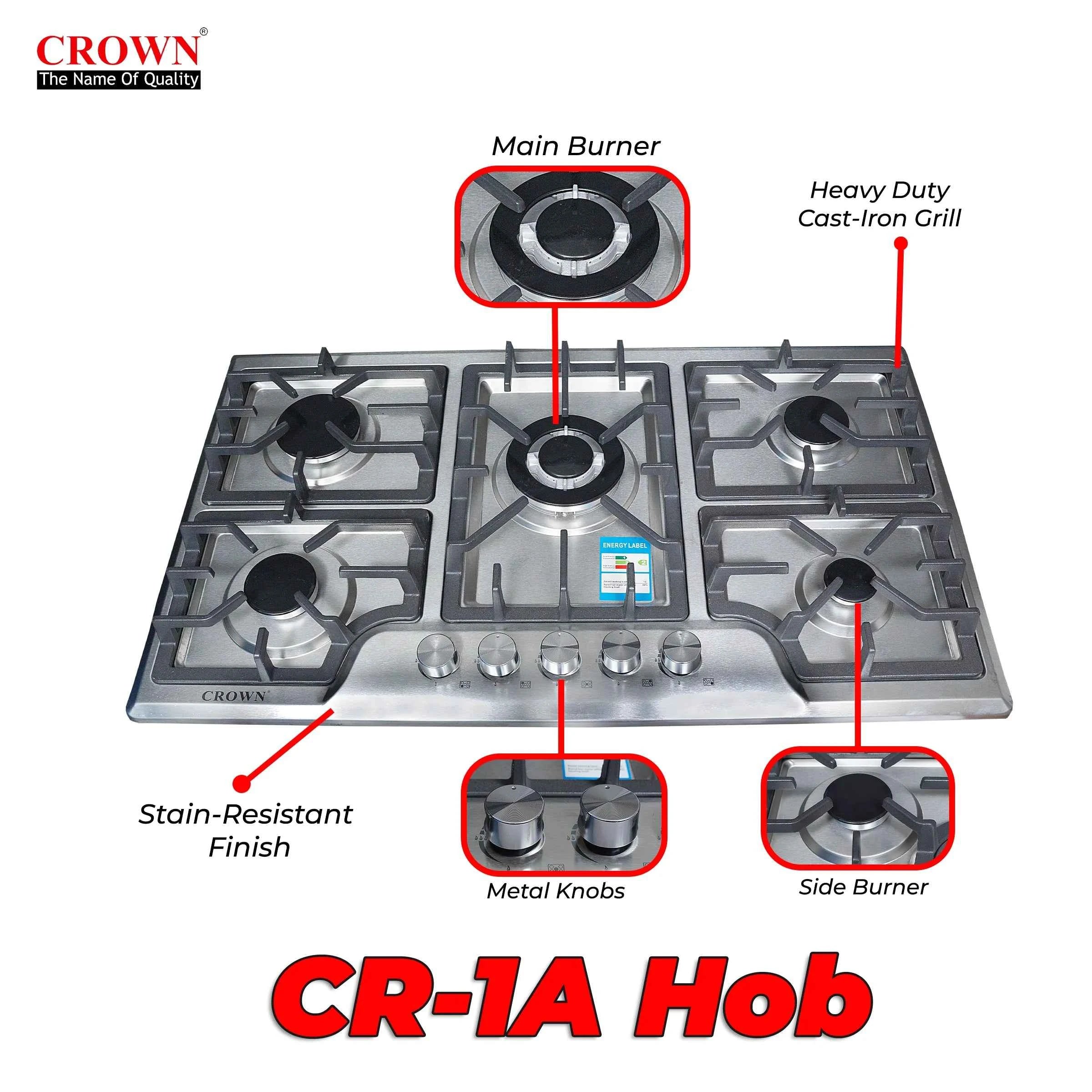 Crown CR-1A Built-In Gas Hob – Single Burner Compact Stainless Steel Cooktop for Small Kitchens