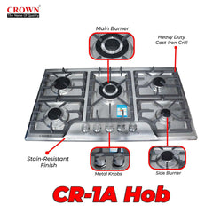 Crown CR-1A Built-In Gas Hob – Single Burner Compact Stainless Steel Cooktop for Small Kitchens