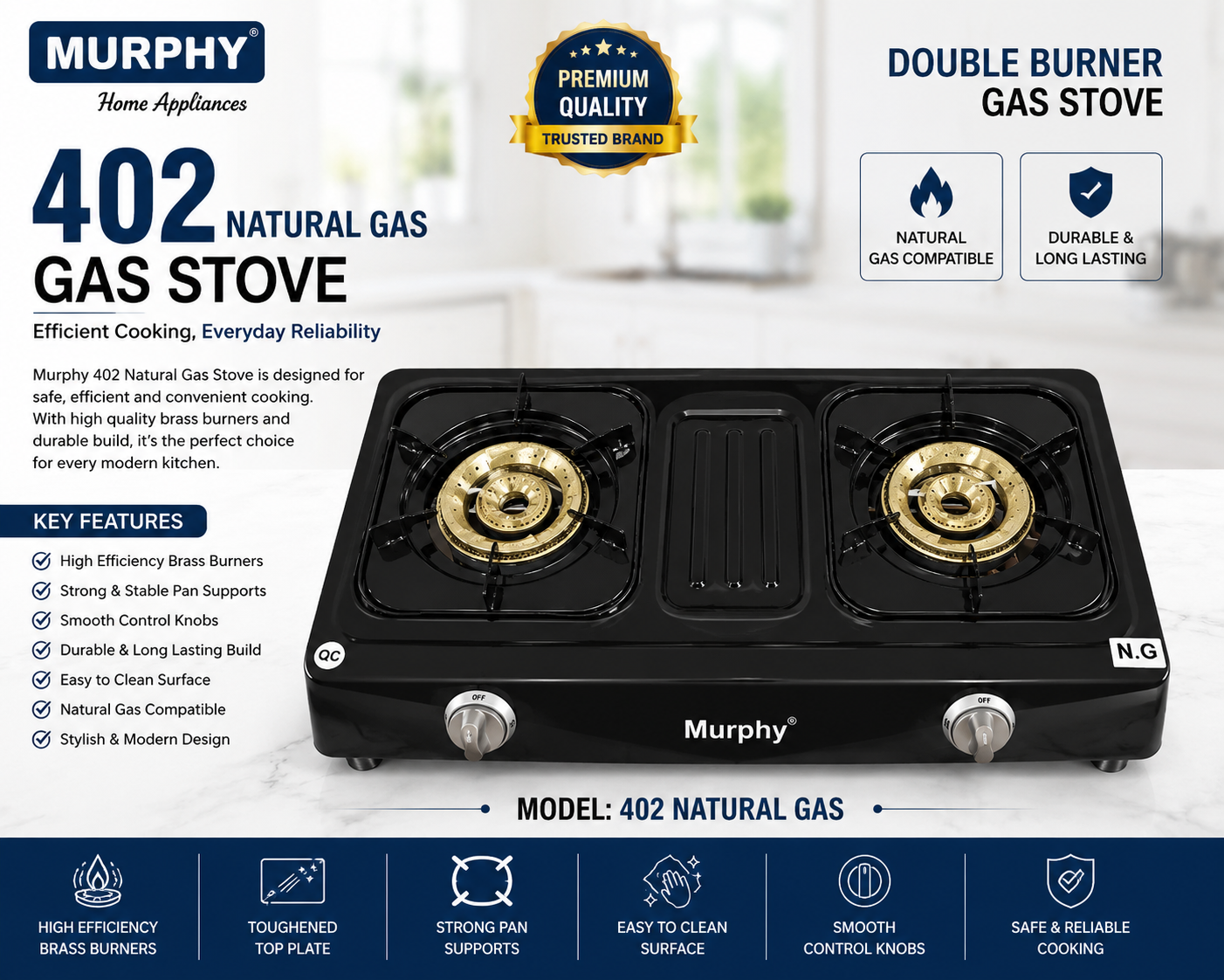 Murphy Gas Stove Model 402 Natural Gas Double Burner Heavy Duty Brass Burners