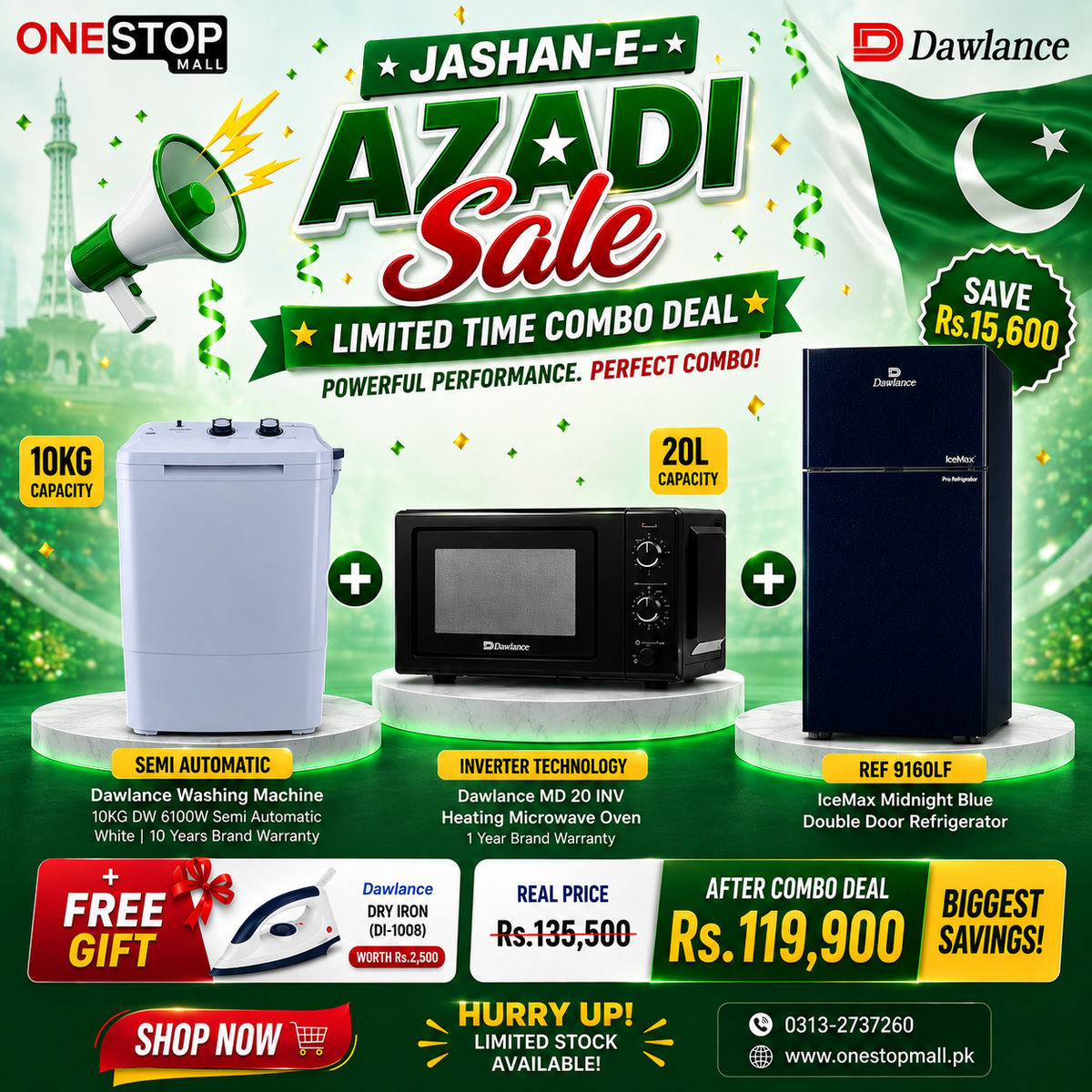 Dawlance Combo Deal – 10KG Semi Automatic Washing Machine + 20L Microwave Oven + REF 9160LF Double Door Refrigerator + FREE Dry Iron
