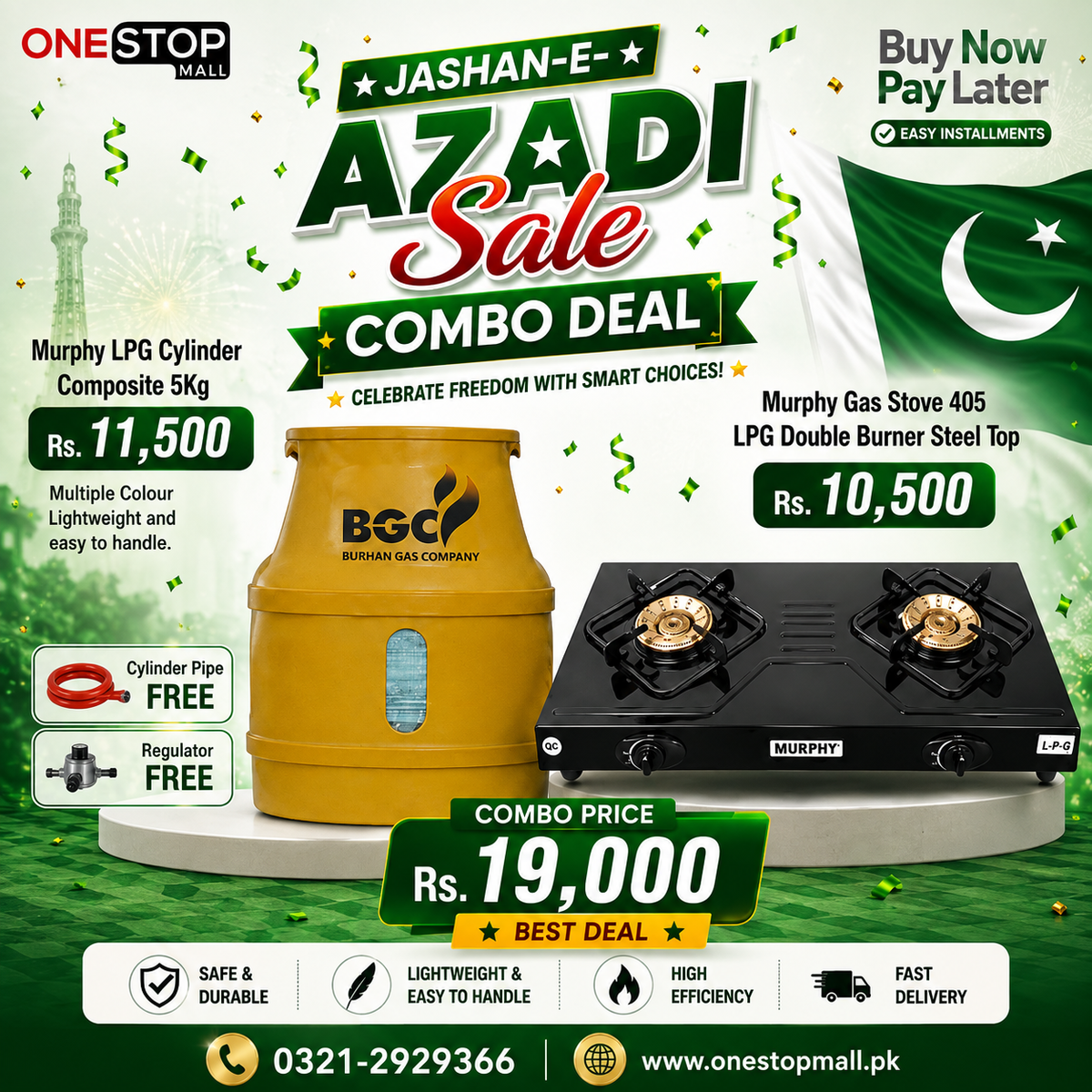 Murphy LPG Combo Deal – 5KG Composite Gas Cylinder + Double Burner Gas Stove + FREE Regulator & Gas Pipe