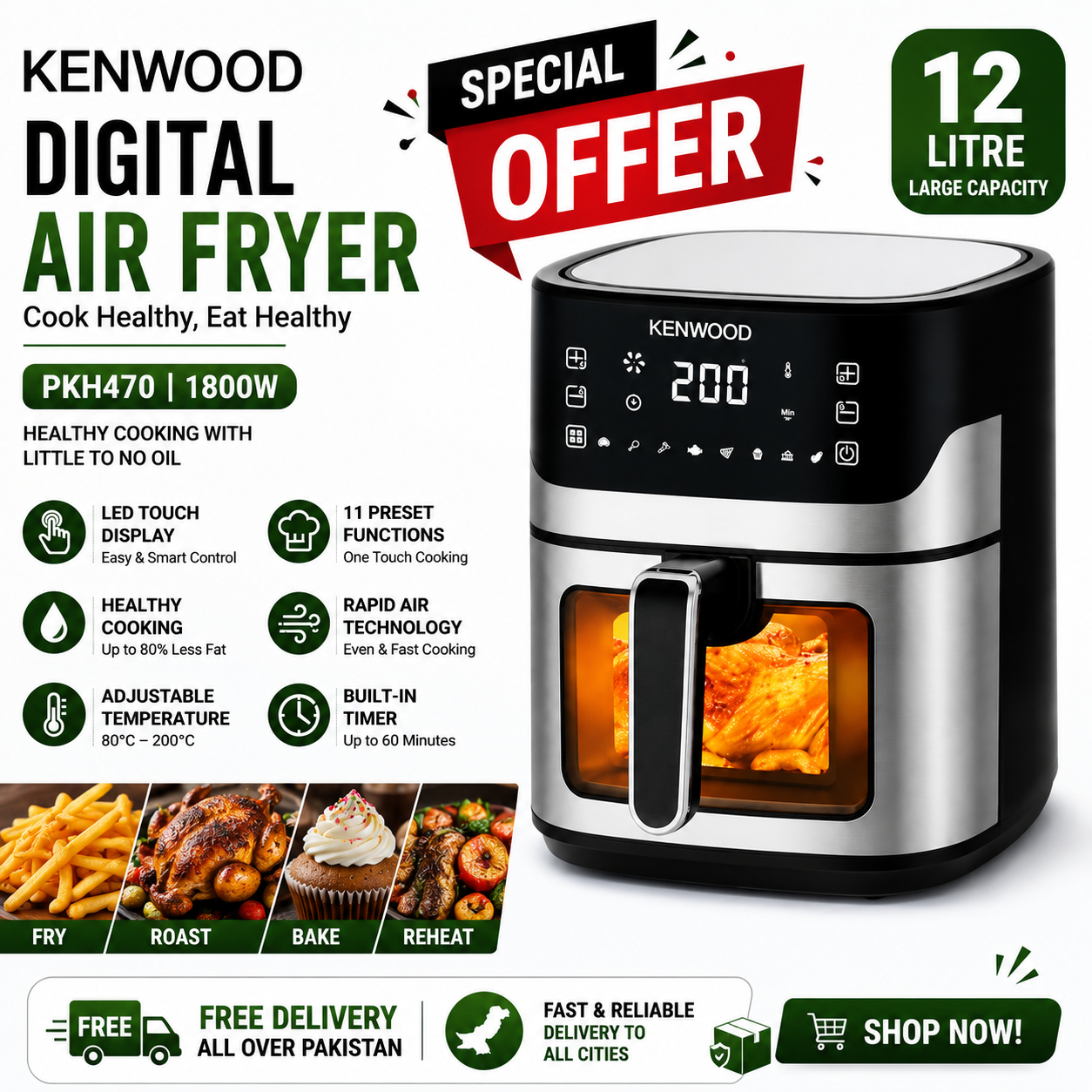 Kenwood 1st Copy PKH470 Digital Air Fryer 12L 1800W | LED Touch Display | Healthy Oil-Free Cooking