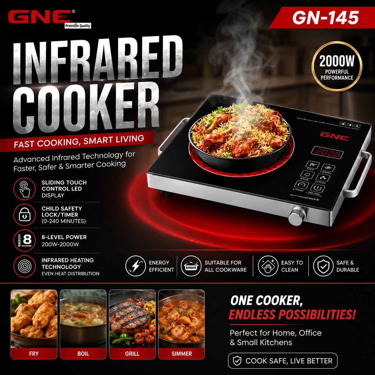 Gaba National Infrared Cooker GN-145 – 2000W Digital Touch Control Panel Brand Warranty