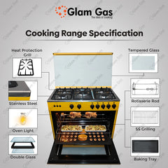 Glam Gas Cooking Range Chef 34' Yellow Tempered Glass Auto Ignition (Natural Gas & LPG) Brand Warranty