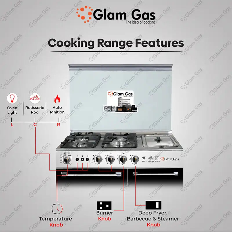 Glam Gas Cooking Range (Gas) Glamour 34” Tempered Glass Auto Ignition System (Natural Gas & LPG) Brand Warranty