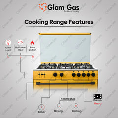 Glam Gas Cooking Range Chef 34' Yellow Tempered Glass Auto Ignition (Natural Gas & LPG) Brand Warranty