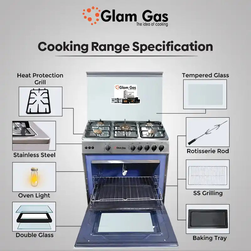 Glam Gas Cooking Range (Gas) BAKER’S 34 Full Stainless Steel Heavy Grill Auto Ignition System (Natural Gas & LPG) Brand Warranty