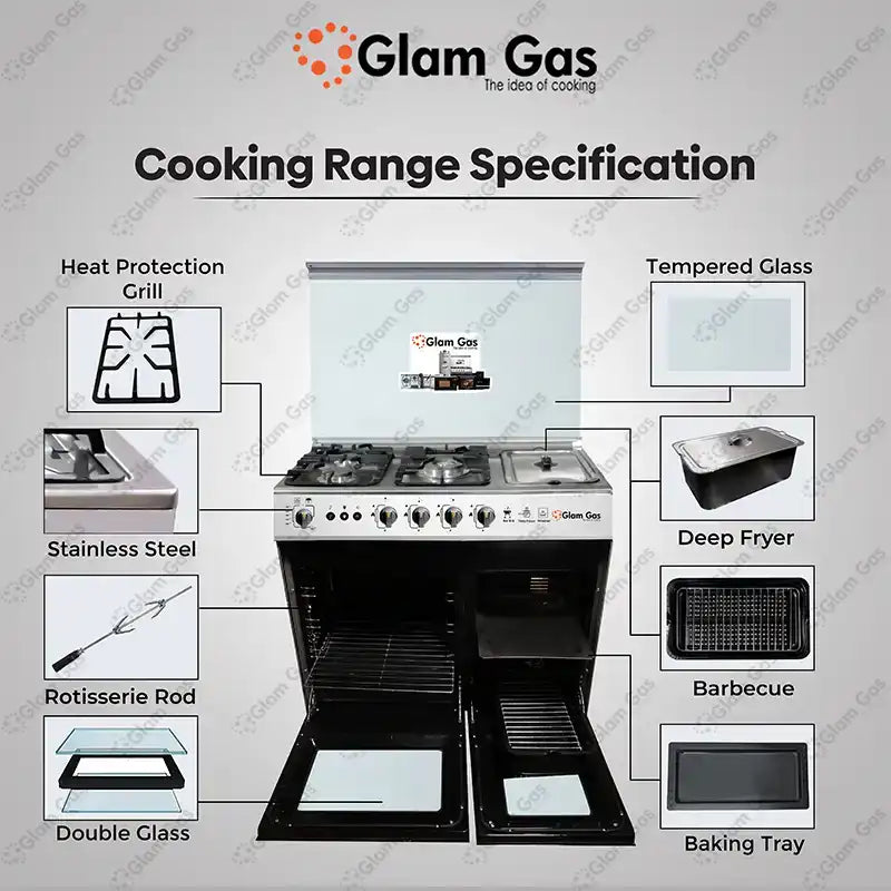 Glam Gas Cooking Range (Gas) Glamour 34” Tempered Glass Auto Ignition System (Natural Gas & LPG) Brand Warranty