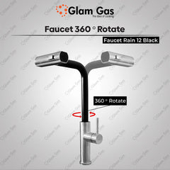 Glam Gas Faucet (Faucet Rain-12 Black) Imported Aerater Stainless Steel Flexible Hose Brand Warranty