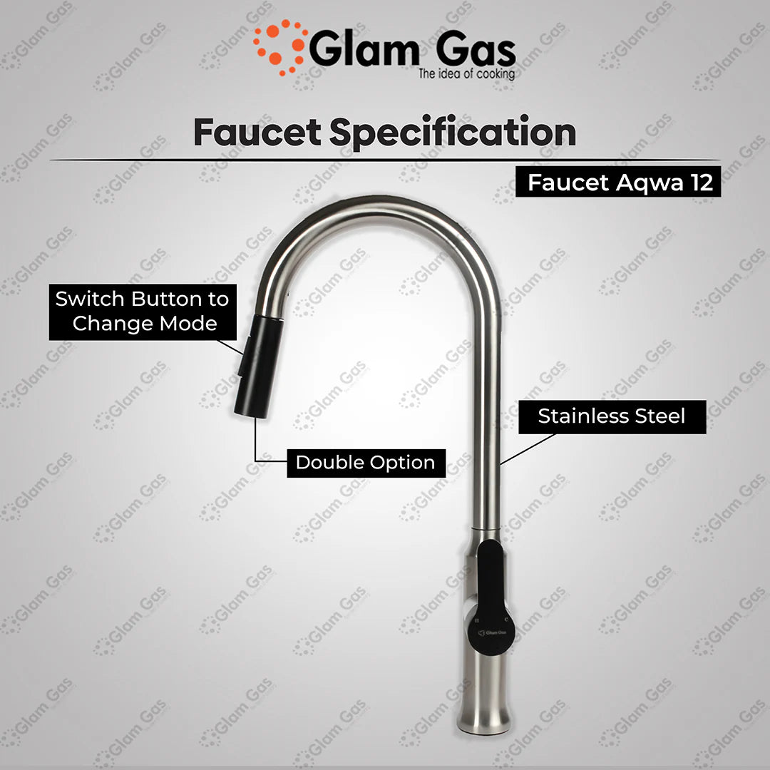 Glam Gas Faucet (Faucet Aqwa-12) Imported Aerater Stainless Steel Flexible Hose Brand Warranty
