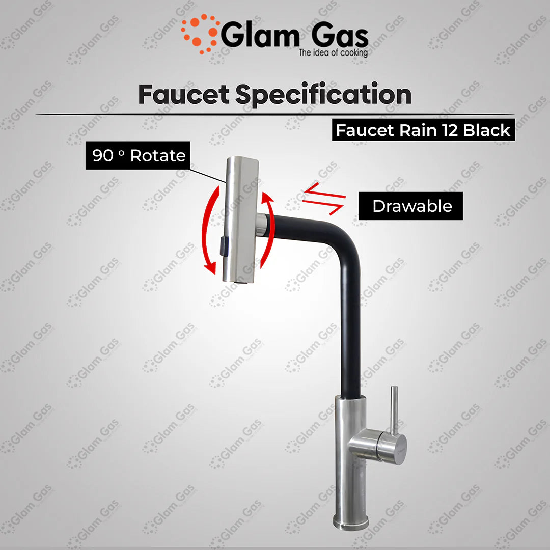 Glam Gas Faucet (Faucet Rain-12 Black) Imported Aerater Stainless Steel Flexible Hose Brand Warranty