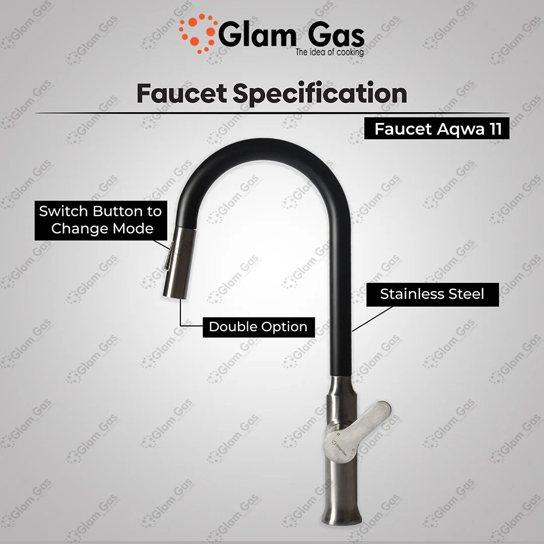 Glam Gas Faucet (Faucet Aqwa-11) Imported Aerater Stainless Steel Flexible Hose Brand Warranty