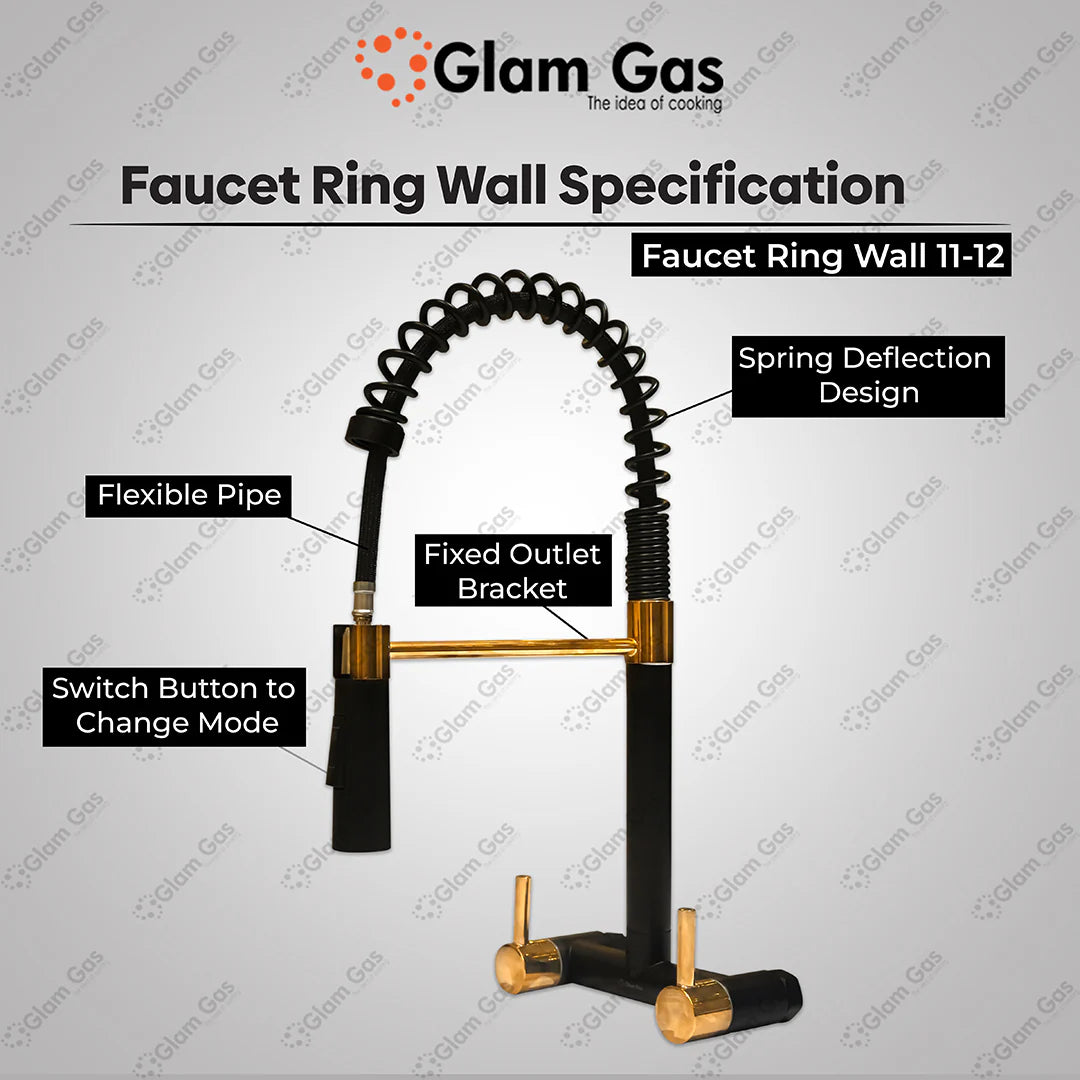 Glam Gas Faucet (Faucet Wall 11-12 Ring Black) Imported Aerater Stainless Steel Flexible Hose Brand Warranty